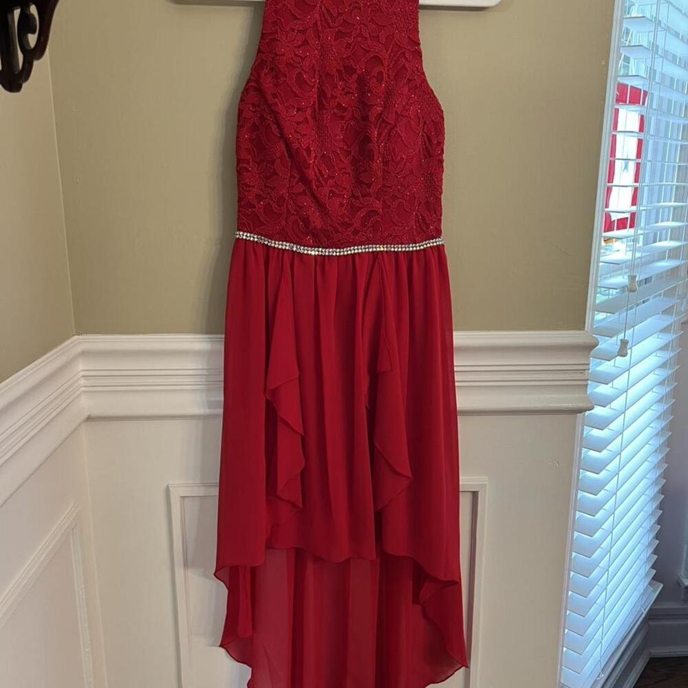 City Studio red lace formal dress with flowy high-low skirt and halter neckline